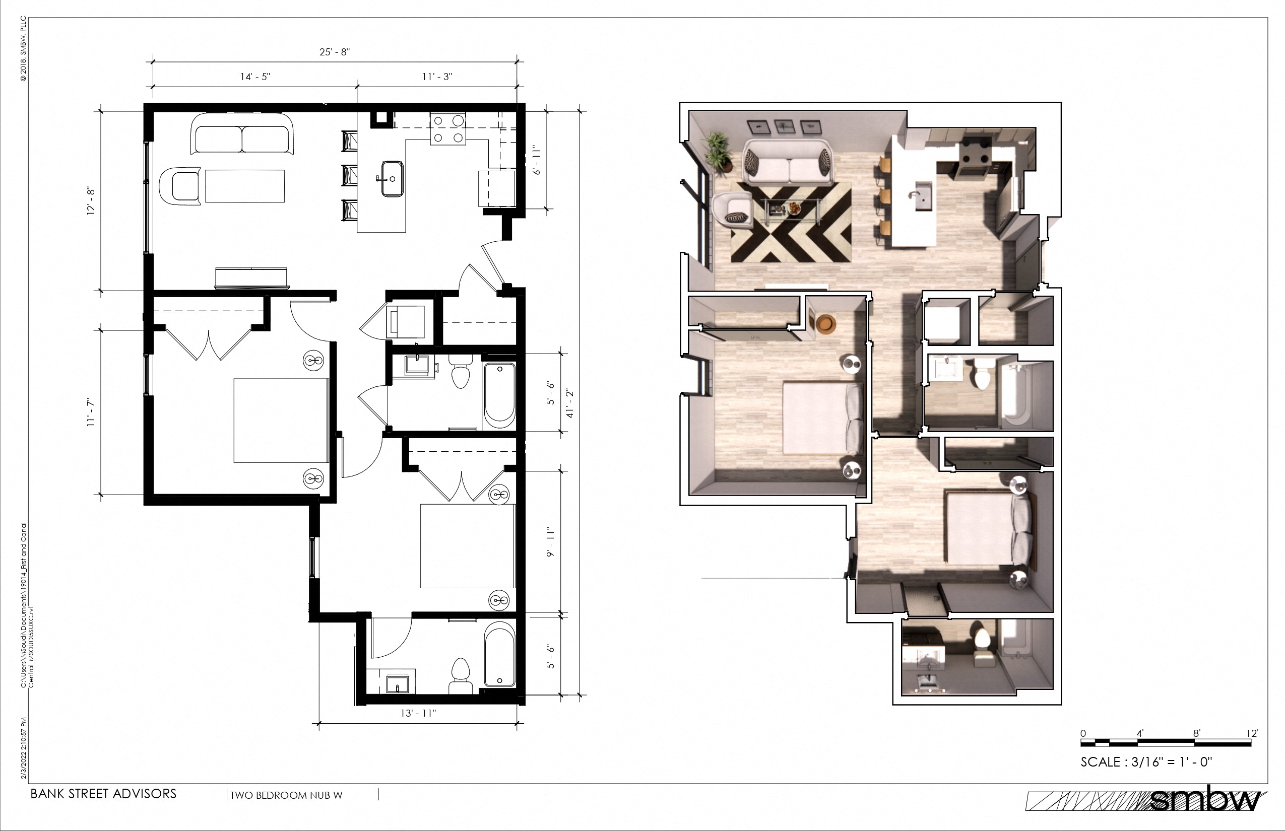 Floor plan for 2 beds, 2 baths, 939 sqft